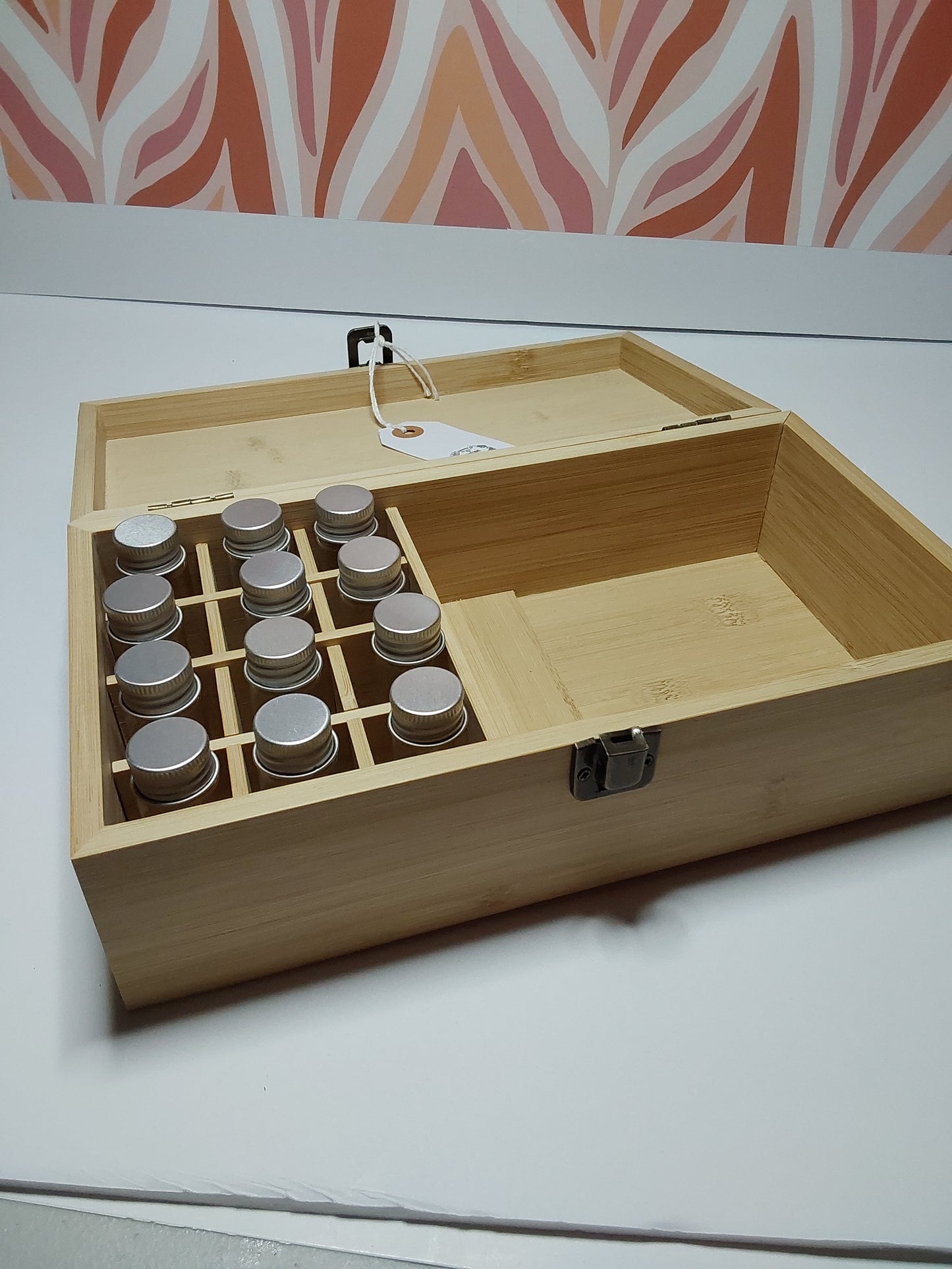 Wooden box with glass tubes for storage