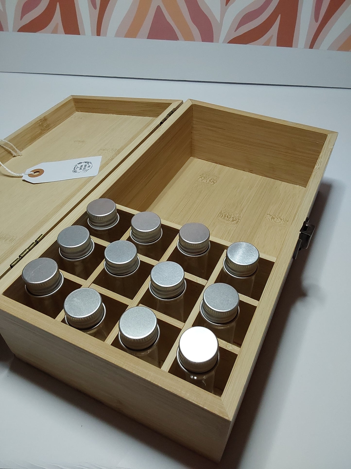 Wooden box with glass tubes for storage